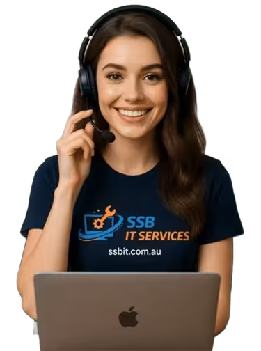 SSB IT Services support technician on a laptop call